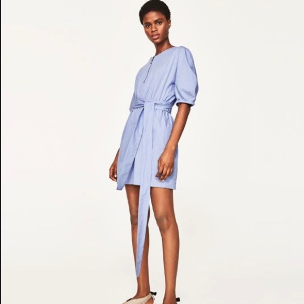 NWT ZARA blue poplin puff sleeve mini dress XS